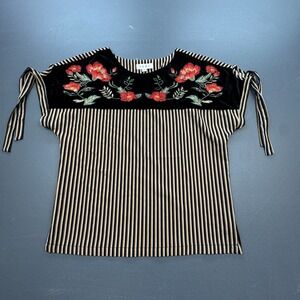 THML Embroidered Blouse Women's XS Black Striped Velvet Floral Boho Festival Top